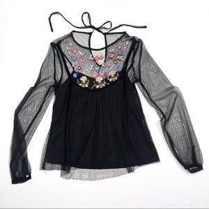 ZARA Black Sheer Lace Embroidered Top